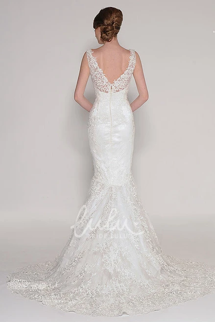 Jeweled Mermaid Lace Wedding Dress Sleeveless V-Neck Bridal Gown