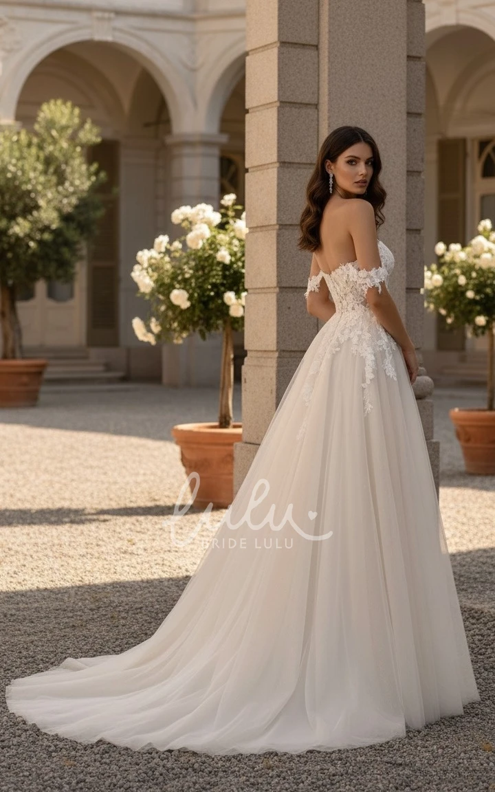 Beach Fairy Boho Lace Off-the-Shoulder Spring Wedding Dress Elegant Sexy A-Line Sweetheart Floral Strapless High Split Front Bridal Gown with Appliques and Train