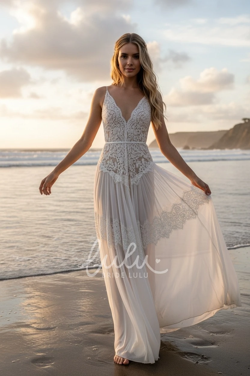Boho A-Line Sexy Spaghetti V-neck Chiffon Lace Warm Wedding Dress Elegant Floor-length Sleeveless Backless Bridal Gown with Sash