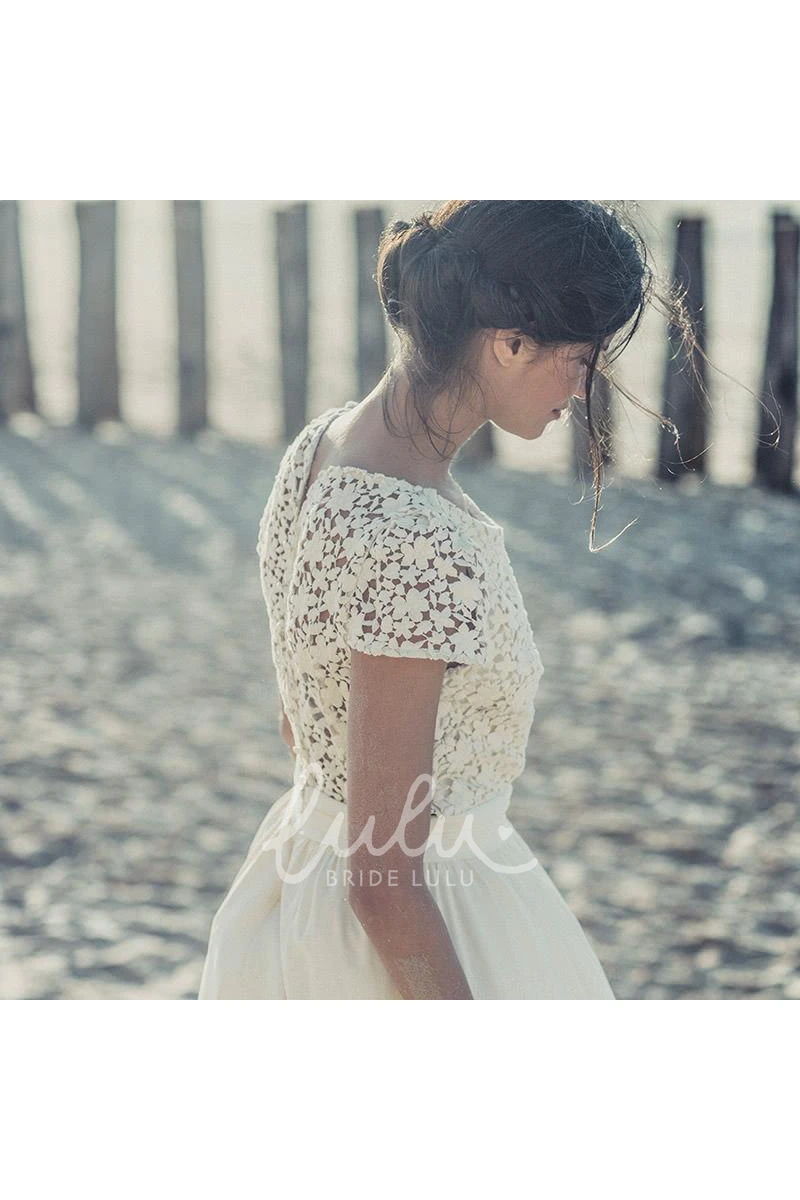 White Lace A-Line Tea Length Wedding Dress with Cap Sleeves