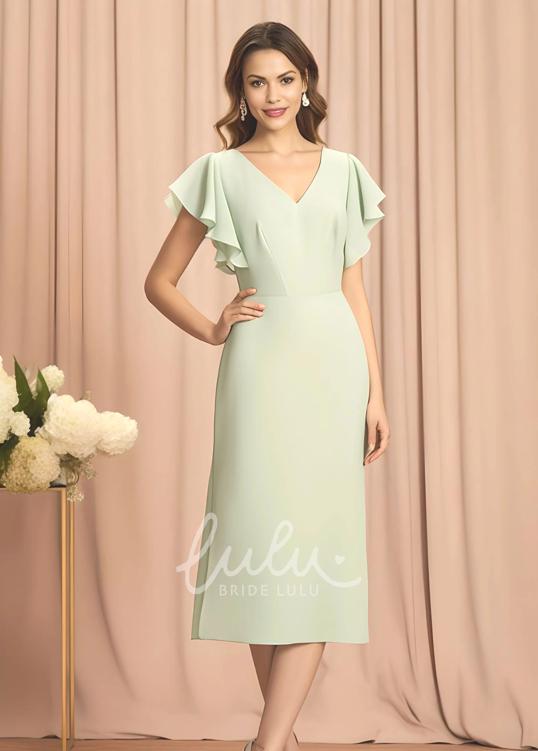 Bohemian Chiffon Sheath Mother of the Bride Dress Elegant Tea-length V-neck