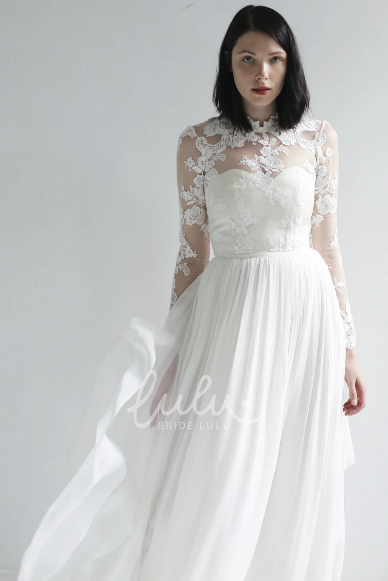 Vintage High Neck Lace Chiffon Wedding Dress with Long Sleeves