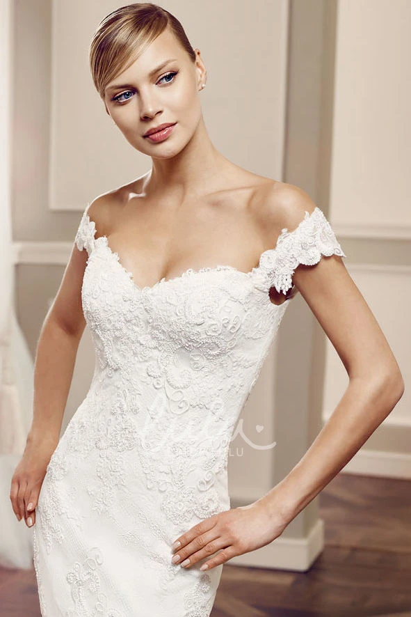 Off-The-Shoulder Lace Wedding Dress with Court Train and V Back Modern Bridal Gown