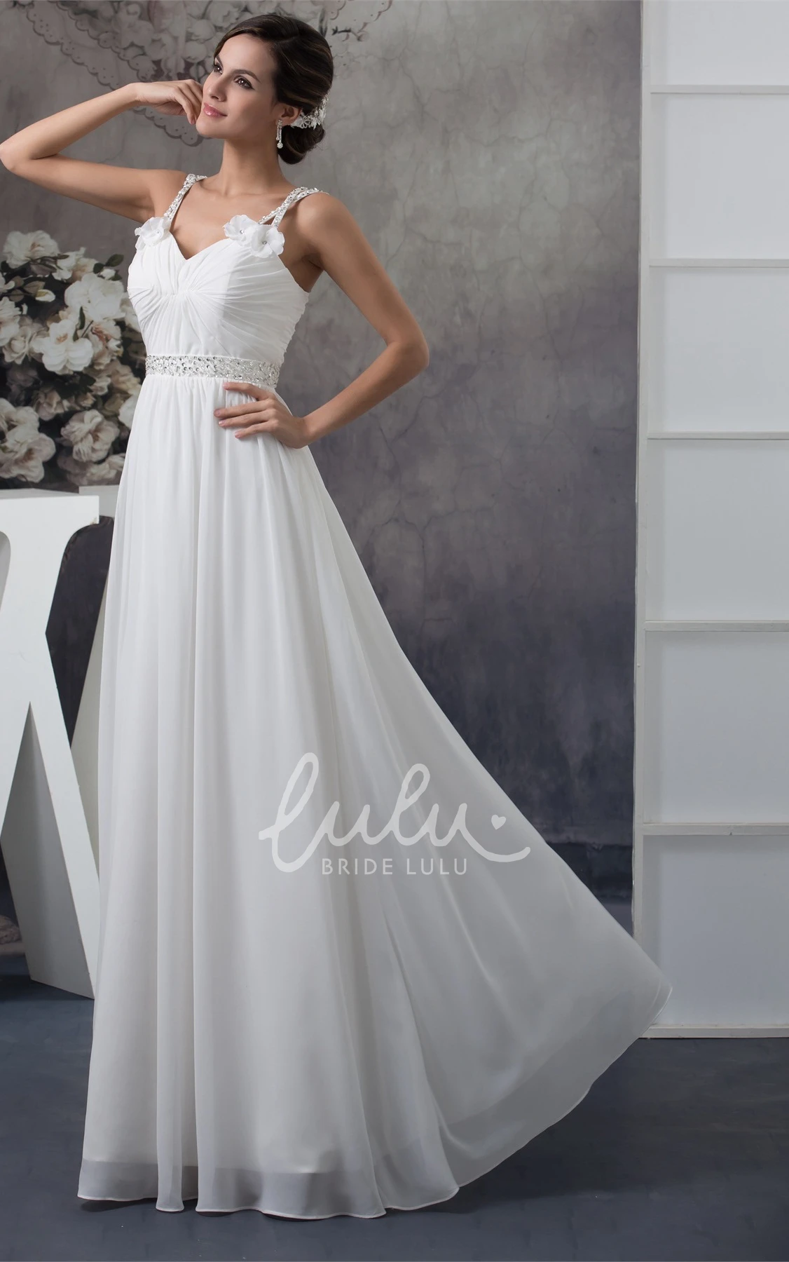 Crystal Detailing Chiffon Wedding Gown Sleeveless Floor-Length Straps Modern
