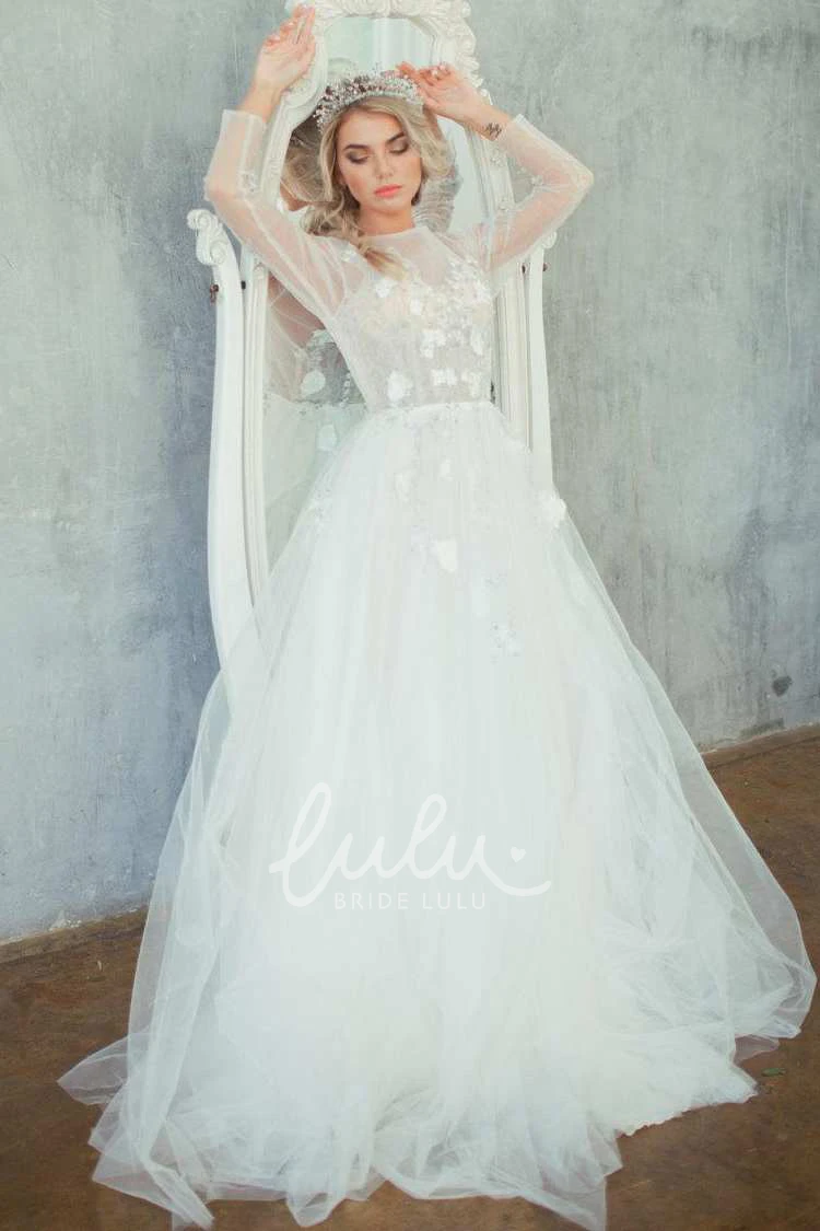 A-Line Tulle Satin Wedding Dress with Lace-Up Corset Back Floral Embroidered Country