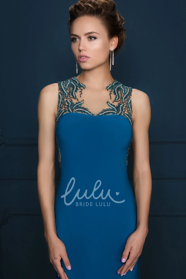 Jewel-Neck Maxi Sheath Beaded Evening Dress