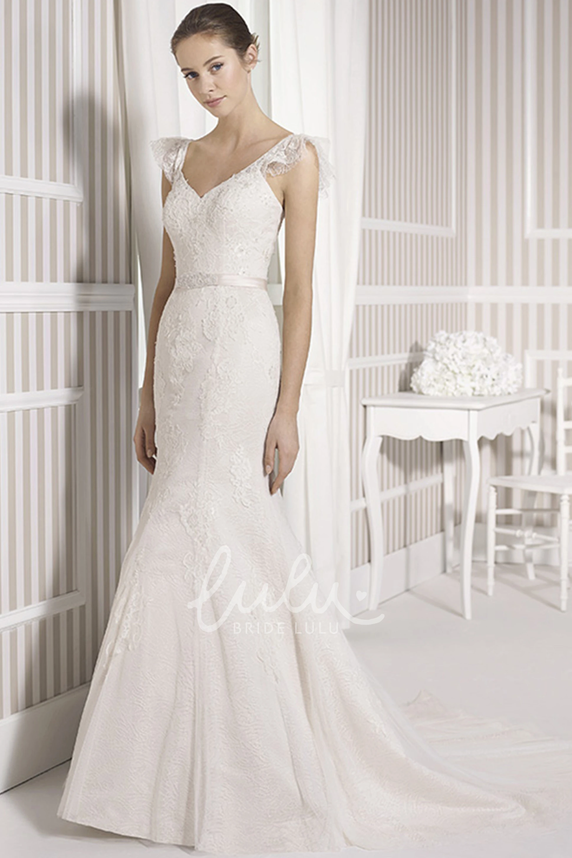 Sheath V-Neck Wedding Dress with Poet Sleeves and Court Train Modern Wedding Dress