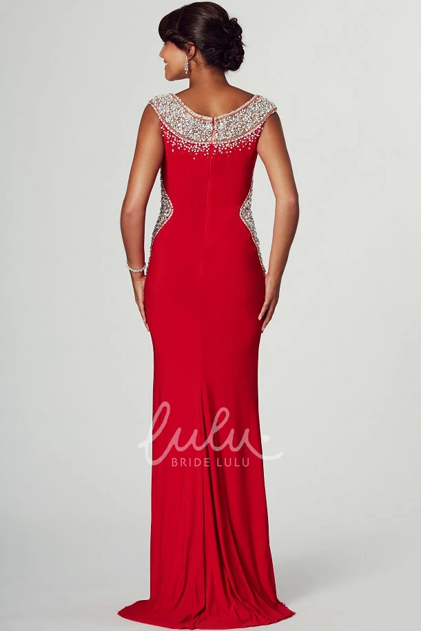 Cap-Sleeve Beaded Bateau Midi Jersey Prom Dress with Brush Train Unique Prom Dress for Women