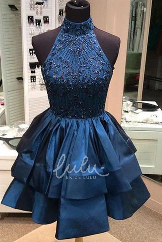 High Neck Taffeta Homecoming Dress with Beading and Tiers Formal Dress
