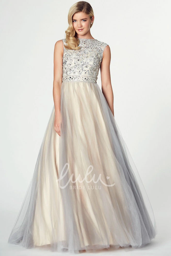 Tulle and Satin A-Line Prom Dress with Beaded Jewel and Low-V Back