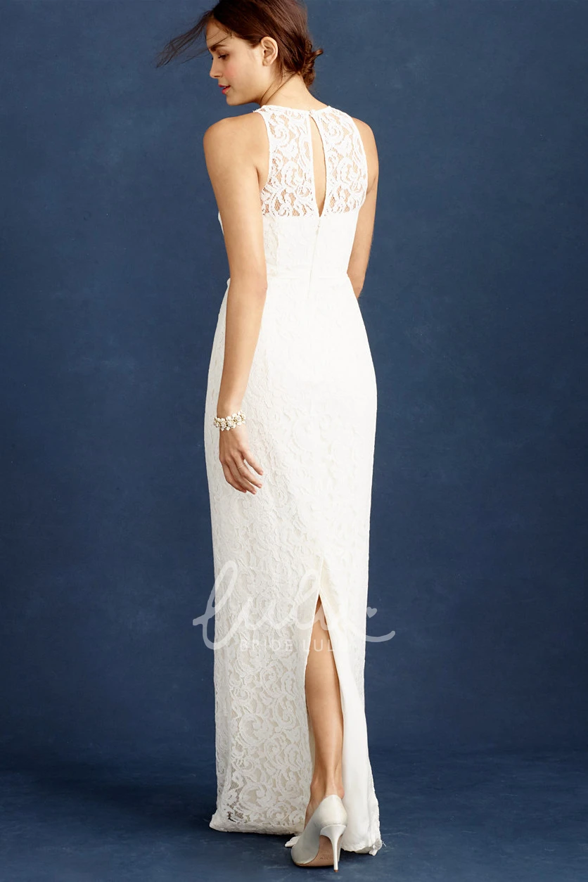 Lace Pencil Winter Wedding Dress with Scoop Neck Sleeveless Design and Split-Back Floor-Length