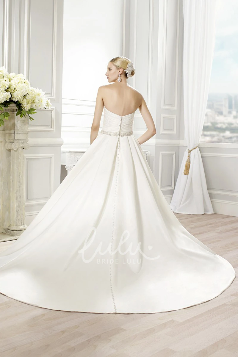 Ball-Gown Strapless Satin Wedding Dress with Ruched Waist Jewelry and Backless Style Elegant Wedding Dress