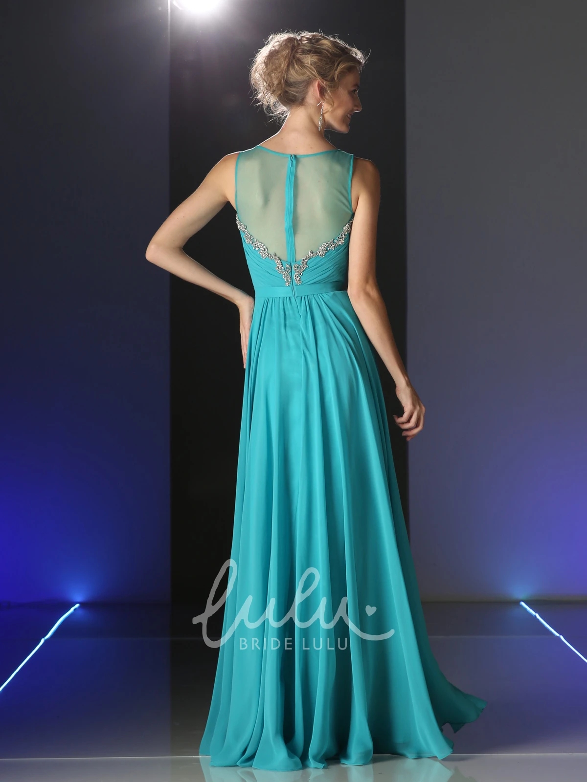 A-Line Chiffon Illusion Formal Dress with Ruching and Beading Long Sleeveless