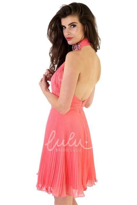 High-Neck Pleated Mini Chiffon Prom Dress Flowy Cocktail Dress for Women