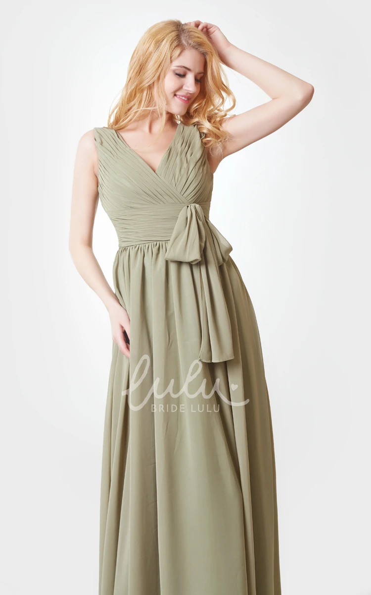 Chiffon A-line Dress with Ruching Bow and Straps Elegant Bridesmaid Dress
