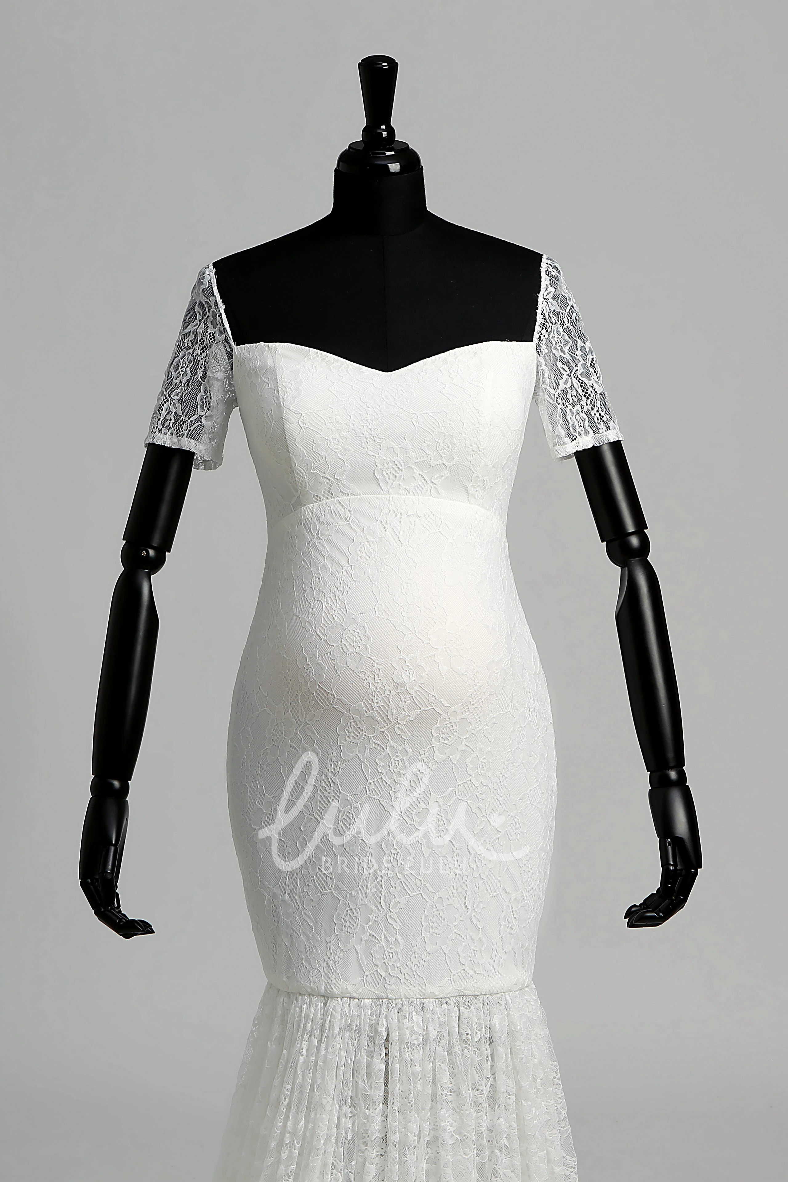 Maternity Wedding Dress Lace Mermaid Off-the-shoulder Illusion Short Sleeve with Pleats