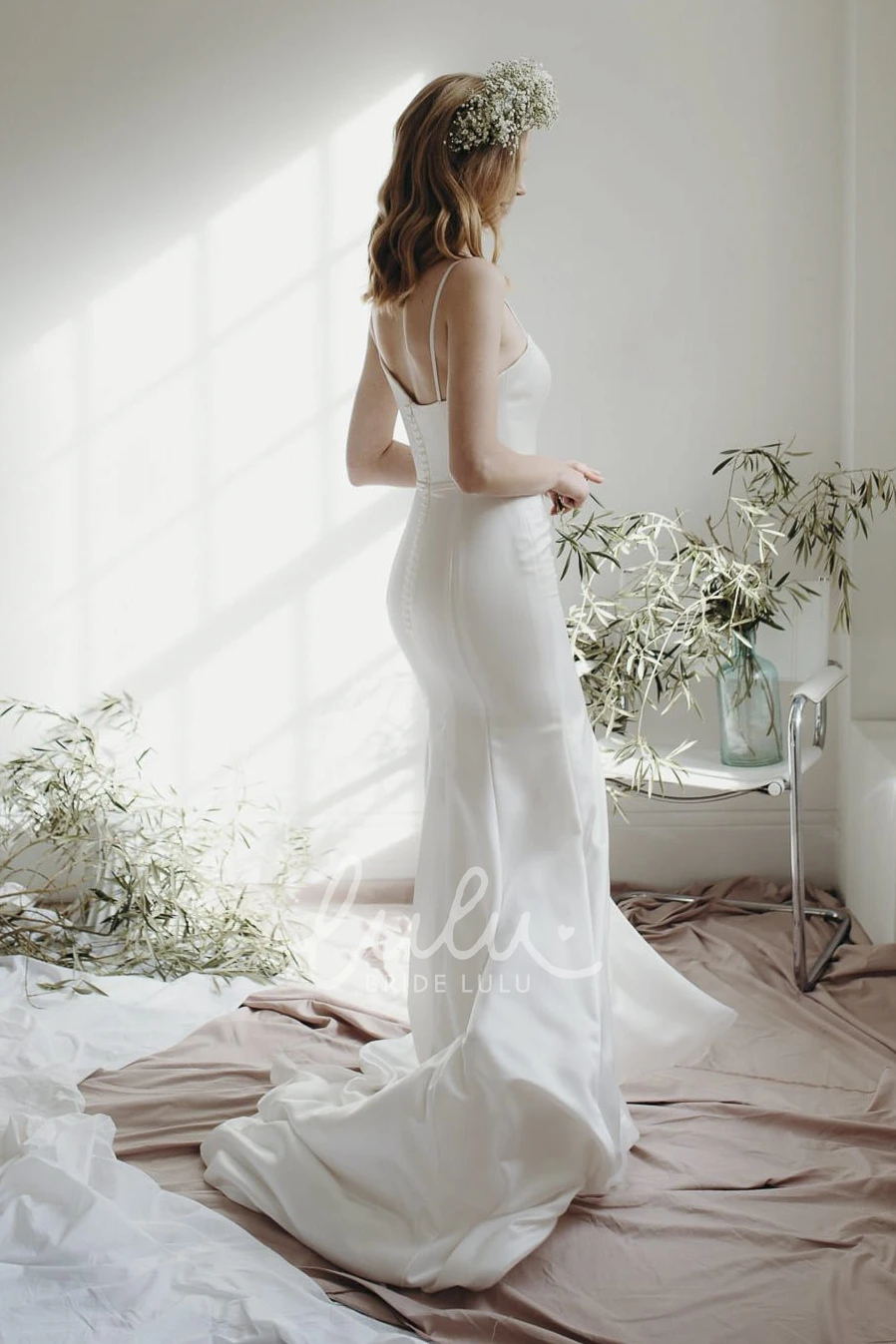 Asymmetrical Mermaid Winter Wedding Dress with Spaghetti Straps and Open Back