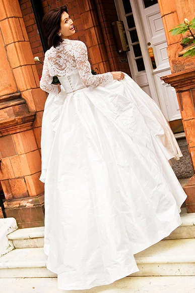Illusion Long-Sleeve Taffeta Wedding Dress with Lace A-Line Bridal Gown