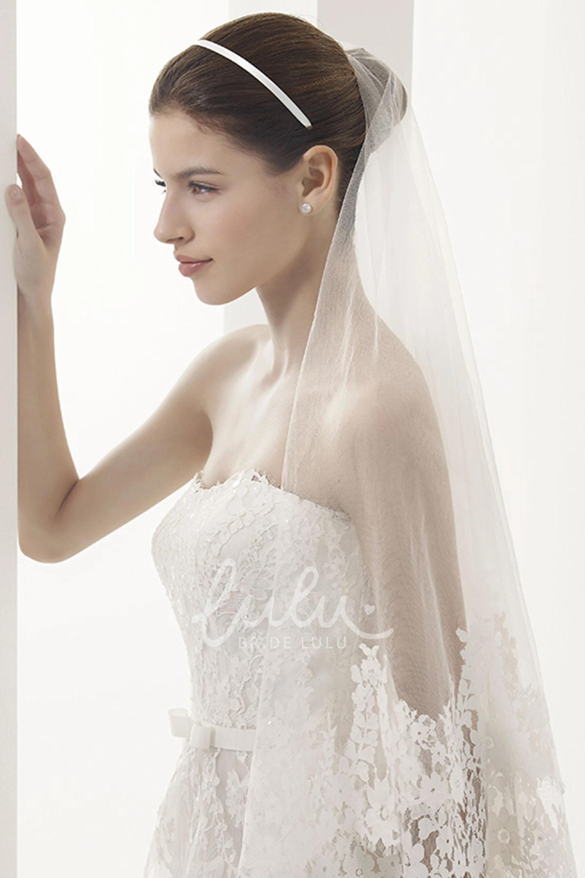 Tulle Strapless Ball Gown with Lace and Belt Simple Wedding Dress