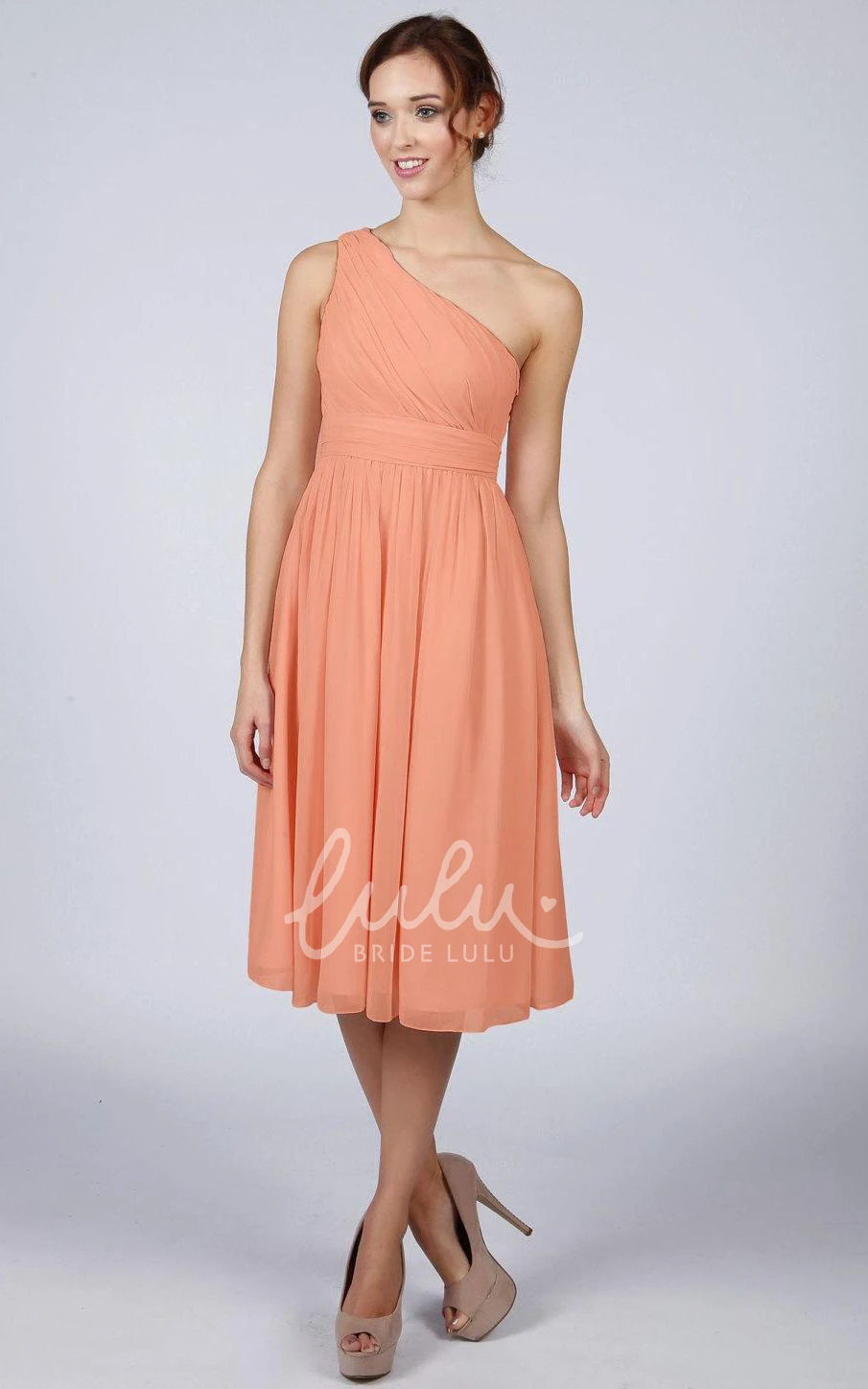Ruched One-Shoulder Chiffon A-line Dress