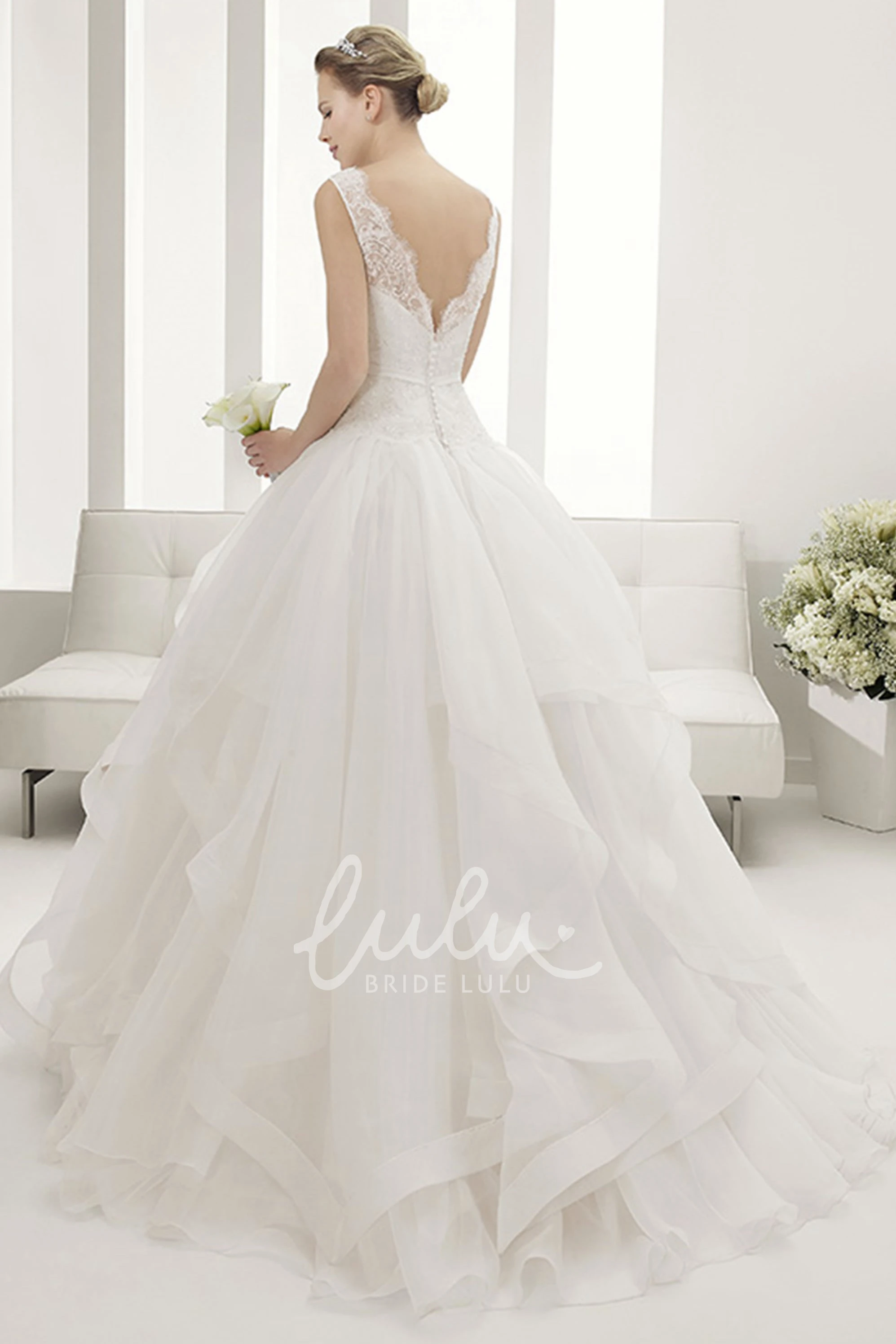Bateau Neck Lace Bridal Gown with Layered Organza Skirt and V Back Classy Wedding Dress