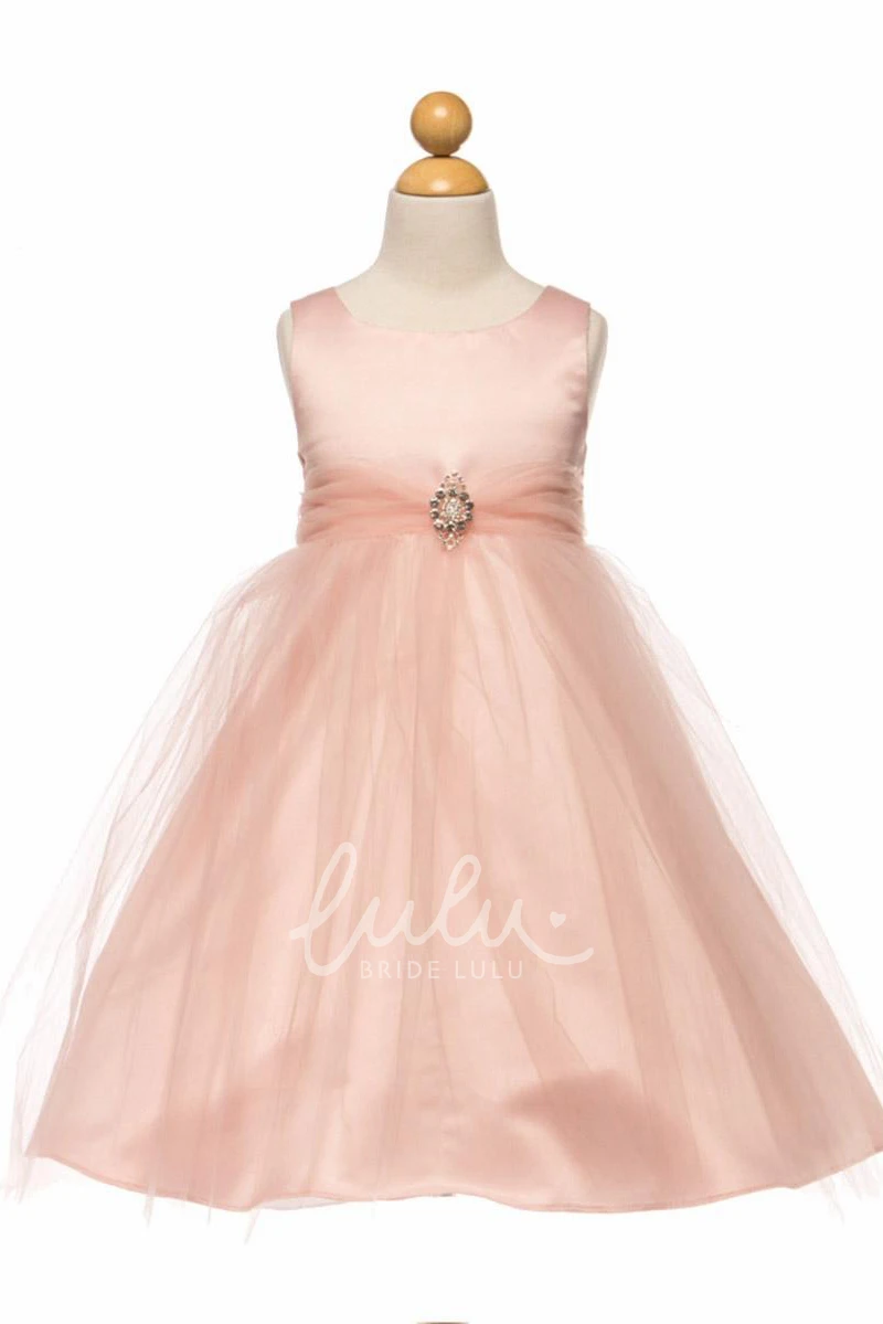 Beaded Tulle&Satin Tea-Length Flower Girl Dress with Broach and Tiered Skirt