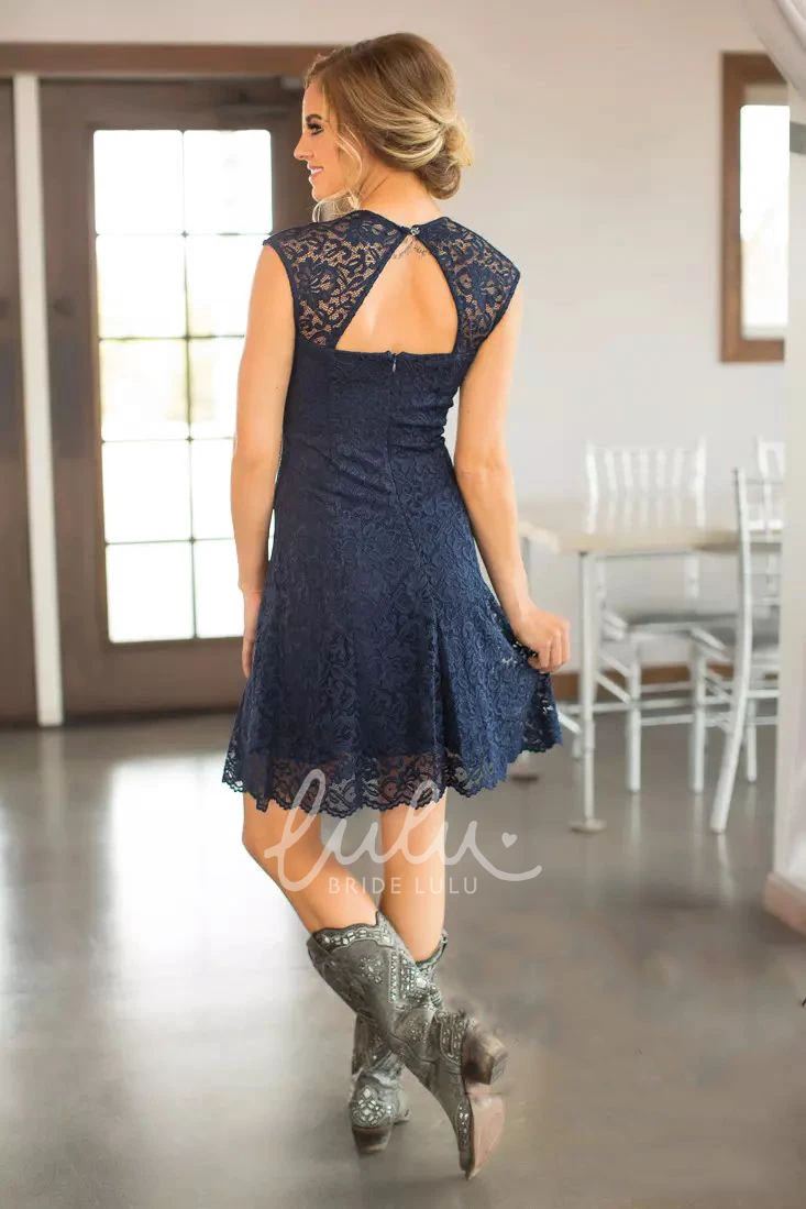 Romantic Lace Square Neck Bridesmaid Dress with Keyhole and Mini Length