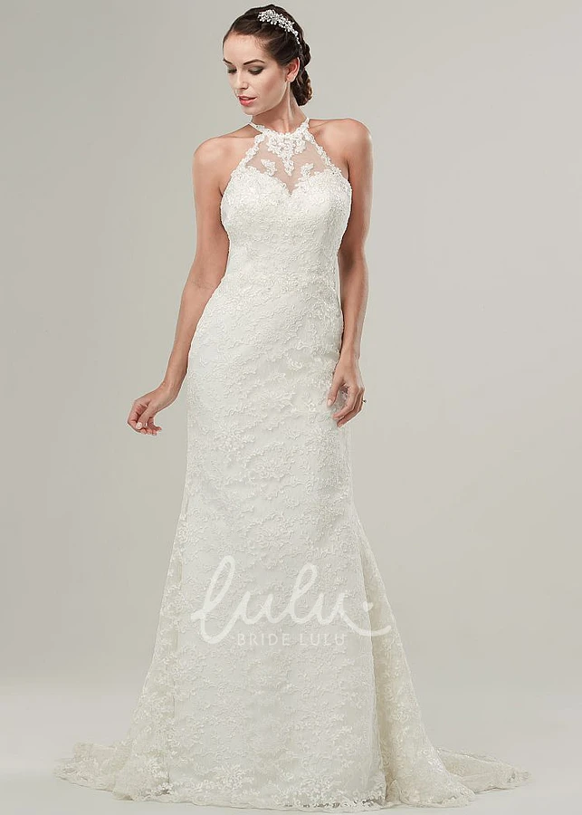 Illusion Long Lace Wedding Dress with High Neck & Sweep Train