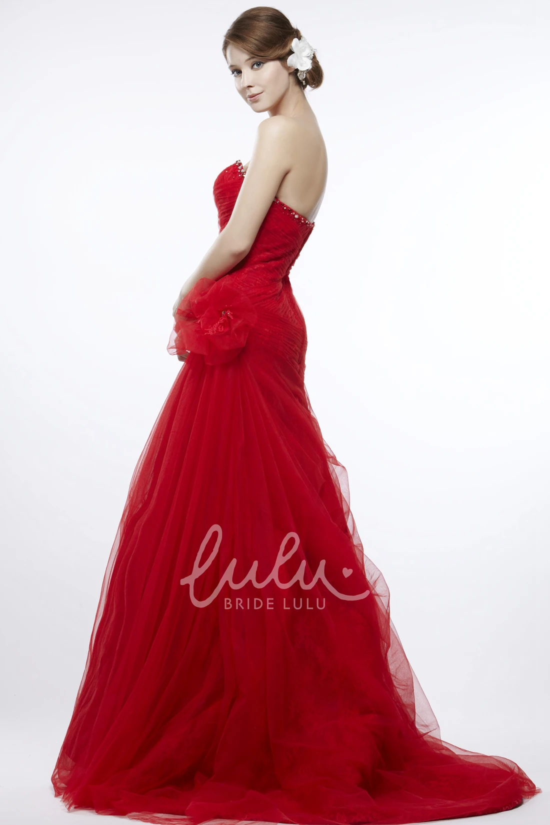 Beaded A-Line Strapless Tulle&Lace Prom Dress with Ruffles and Flower Classy Prom Dress