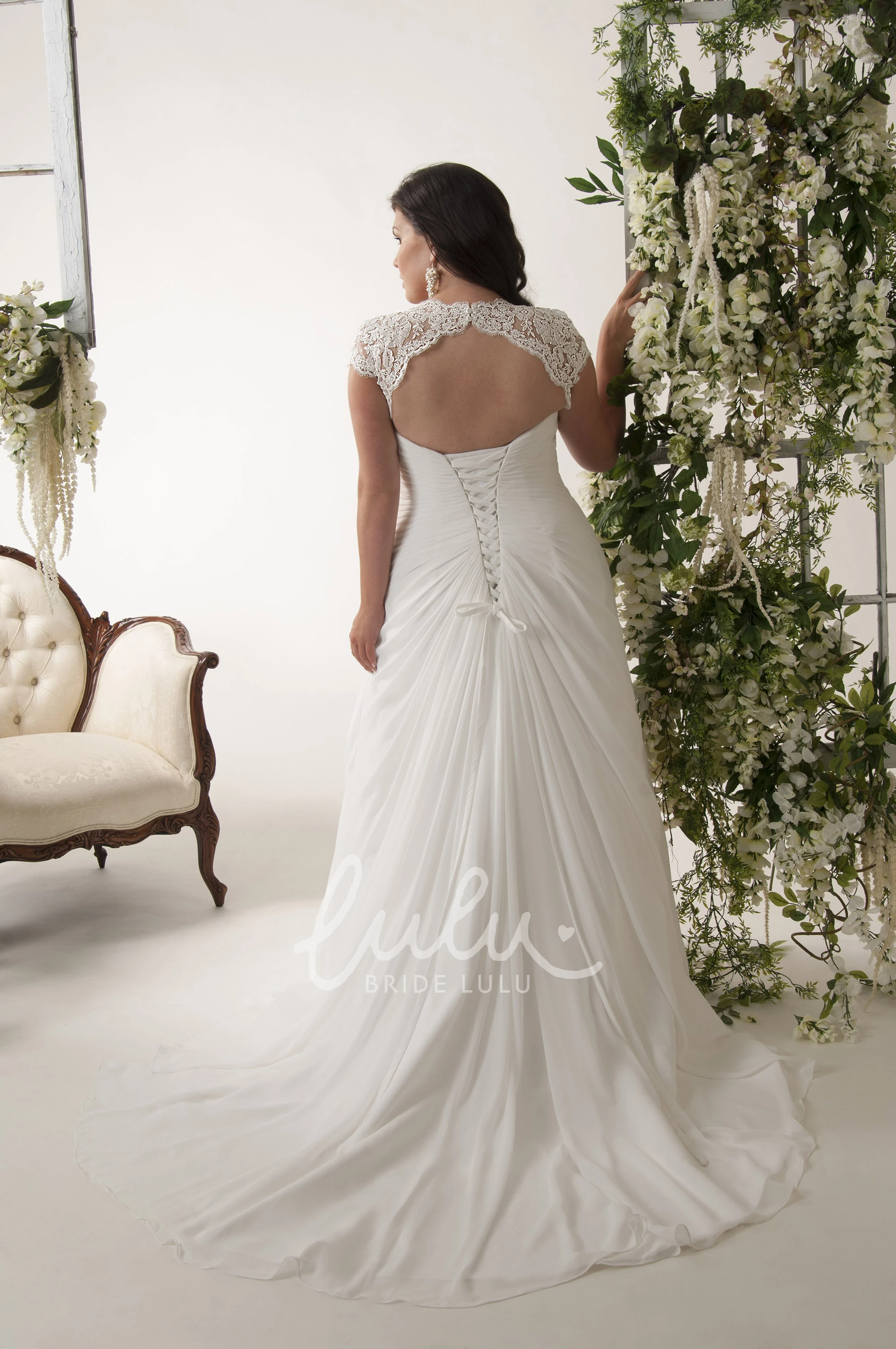 Chiffon Cap-Sleeve V-Neck Plus Size Wedding Dress with Ruching and Keyhole Flowy Wedding Dress