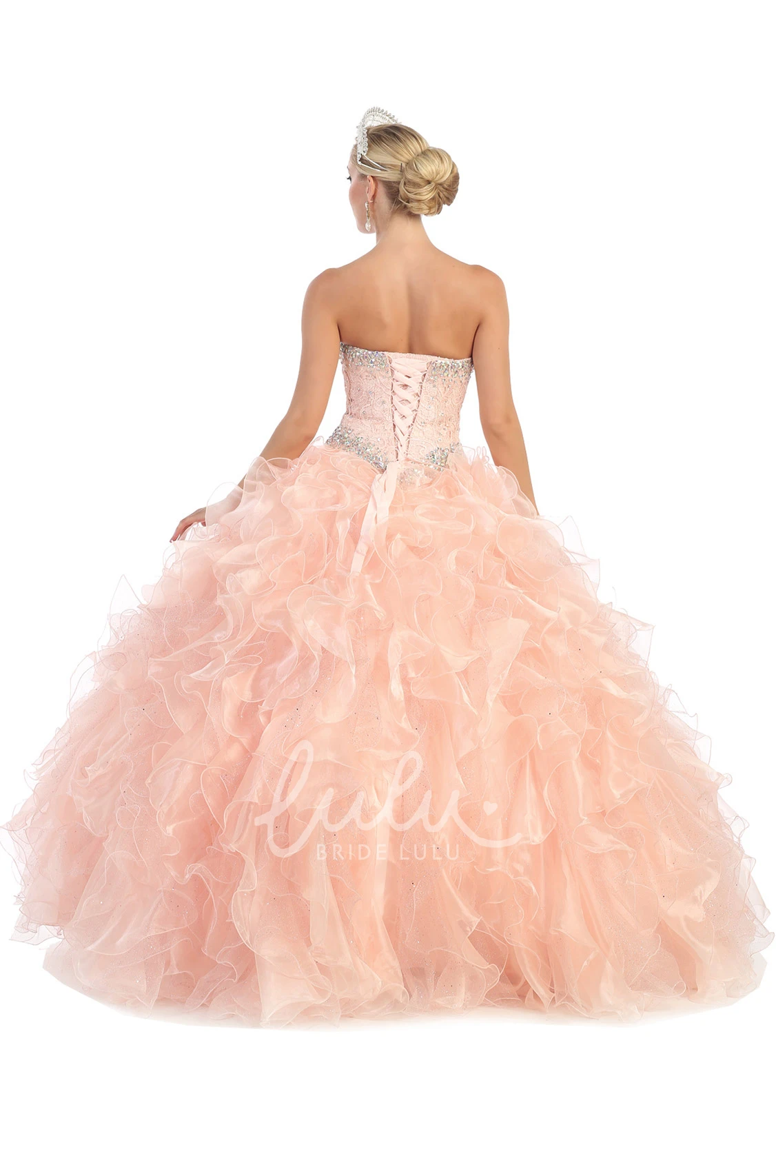 Beaded Ruffled Ball Gown Dress Sweetheart Organza Lace-Up