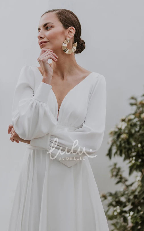 Romantic Wedding Dress with Button Back and Ruching V-neck A-Line Chiffon