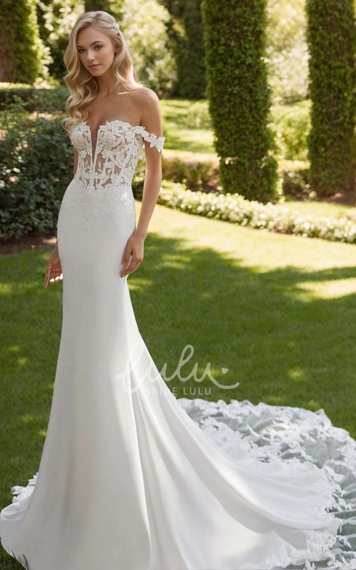 Vintage Romantic Off-the-shoulder Mermaid Jersey Lace Flowers Warm Wedding Dress Sexy Elegant Floor-length Sleeveless Open Button Back Bridal Gown with Train