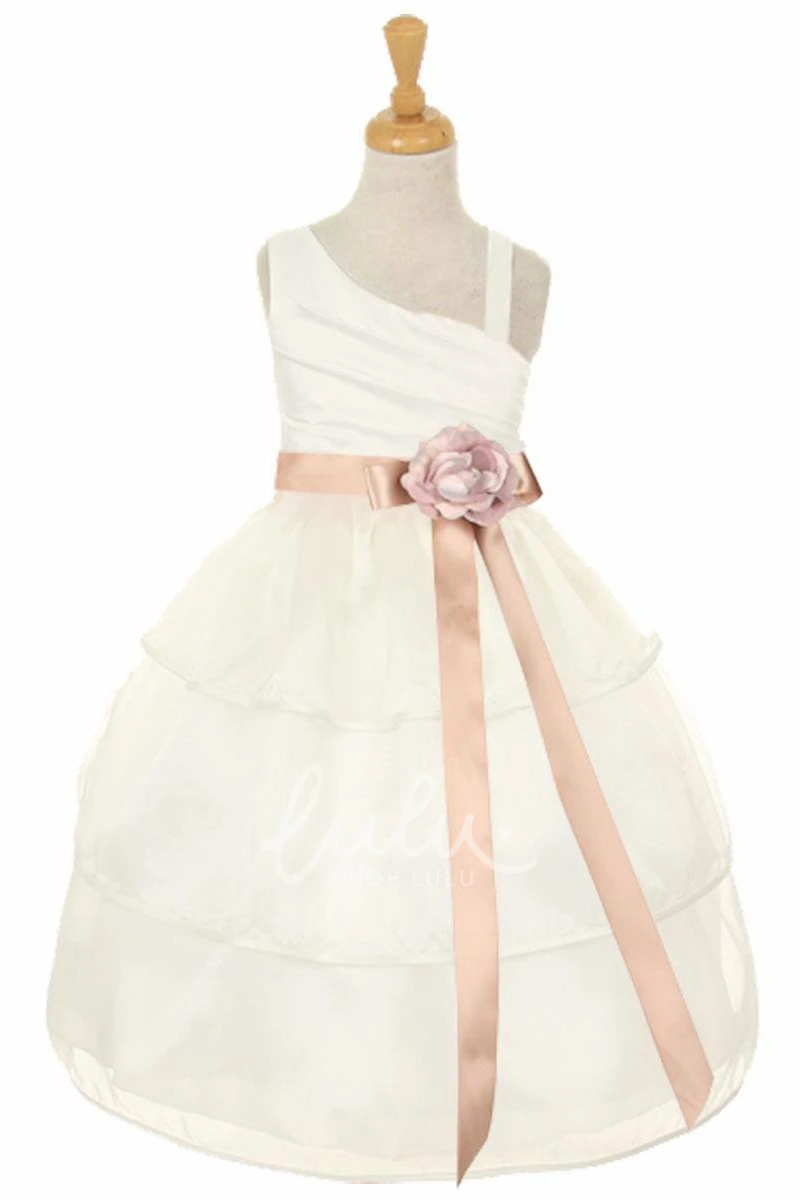 One-Shoulder Tiered Organza Tea-Length Flower Girl Dress Boho Bridesmaid Dress