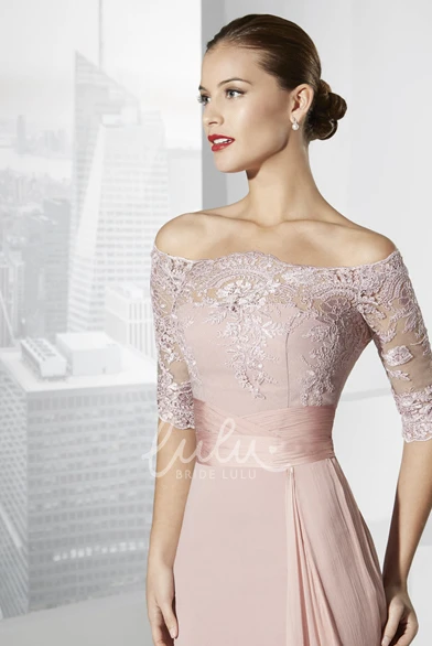 Elegant A-Line Boho Lace Chiffon Long Sleeve Maxi Prom Dress Floral Modest Off-the-Shoulder Pink Mother of the Bride Dress