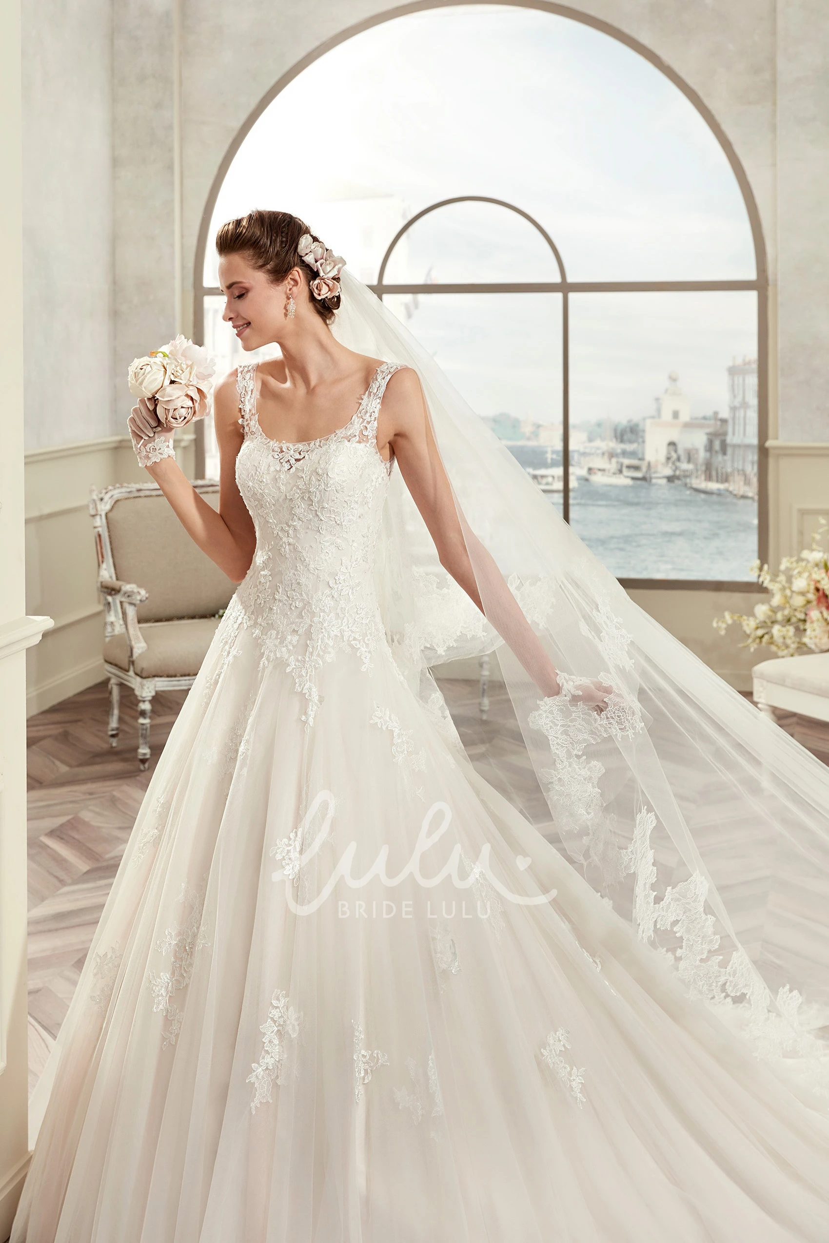 A-Line Lace Bridal Gown with Illusive Back and Straps