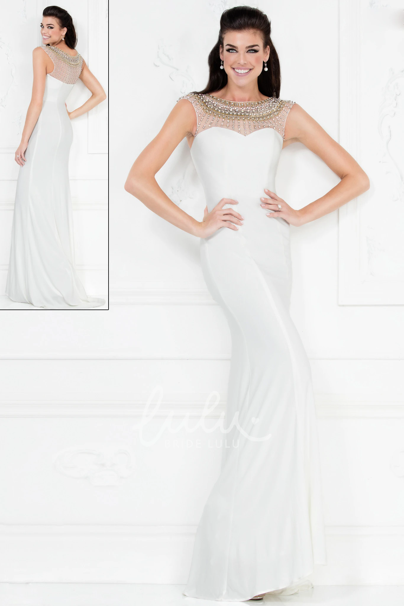 Cap-Sleeve Scoop-Neck Jersey Formal Dress with Illusion and Beading
