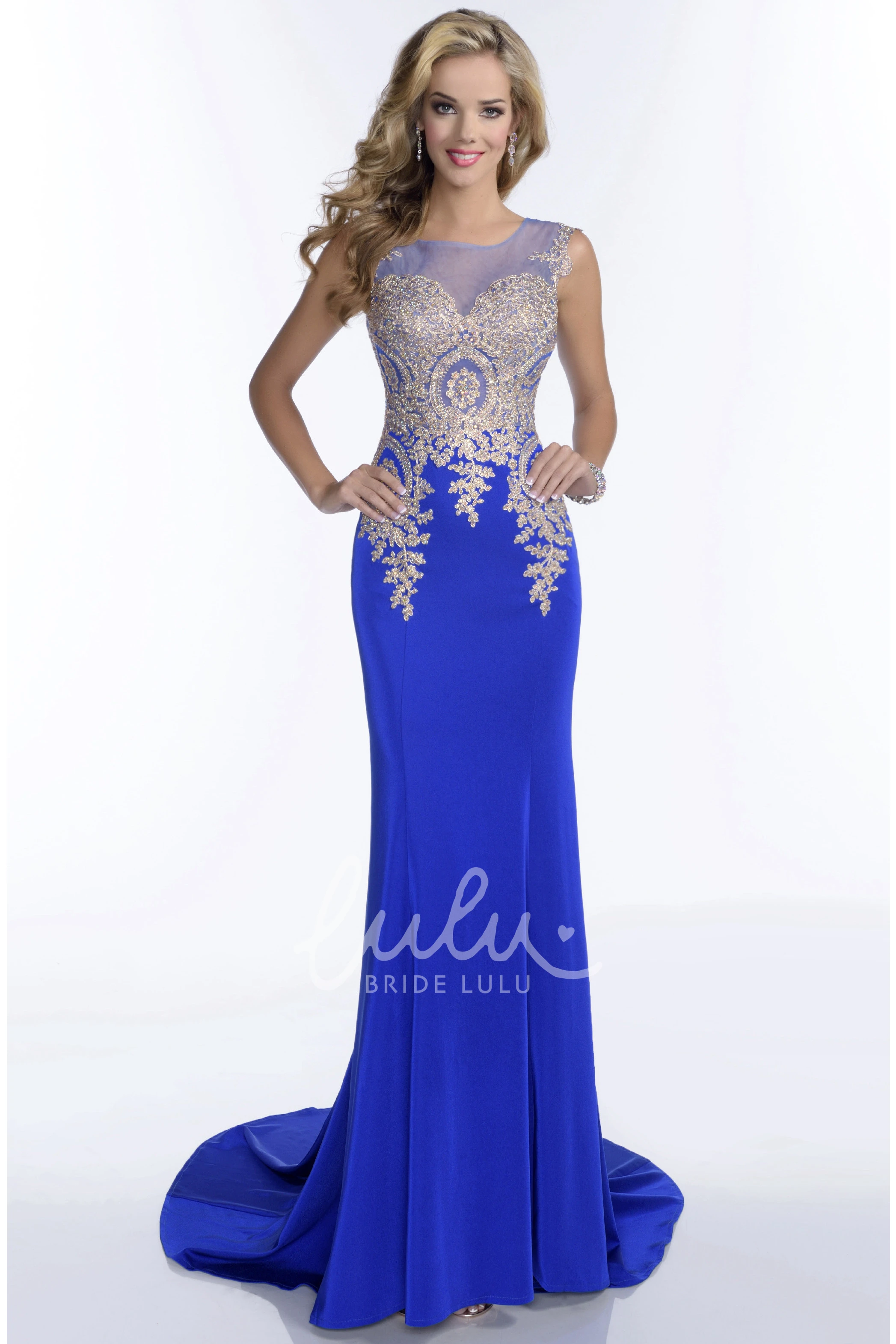Rhinestone Bodice Sleeveless Sheath Prom Dress with Illusion Back Elegant Formal Dress