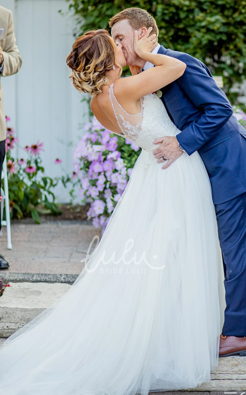 Country A-Line Plunging Neckline Chiffon Spring Wedding Dress With Deep-V Back And Appliques