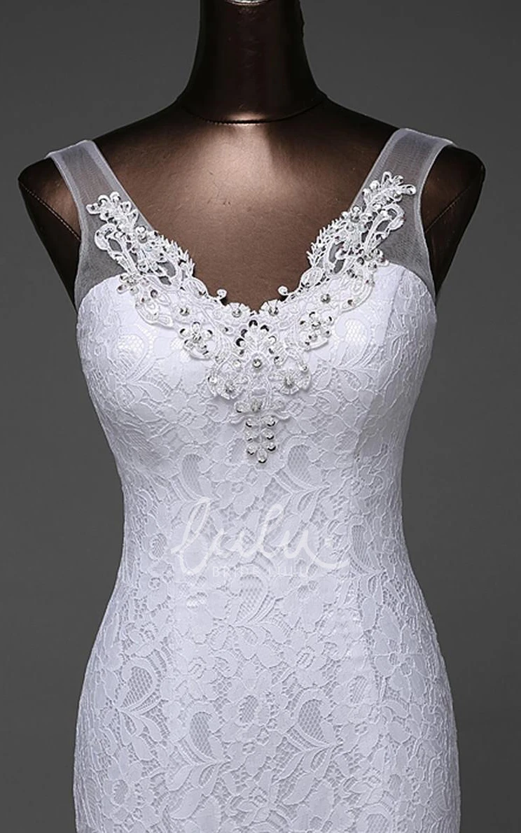 V-Neck Sleeveless Beading Appliques Lace Wedding Dress Tea-Length Trumpet Sweep Train Backless
