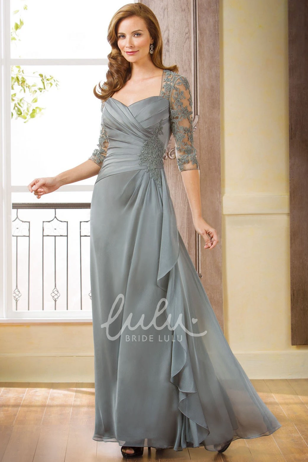 Appliqued 3-4 Sleeved Long Gown Flowy Formal Dress