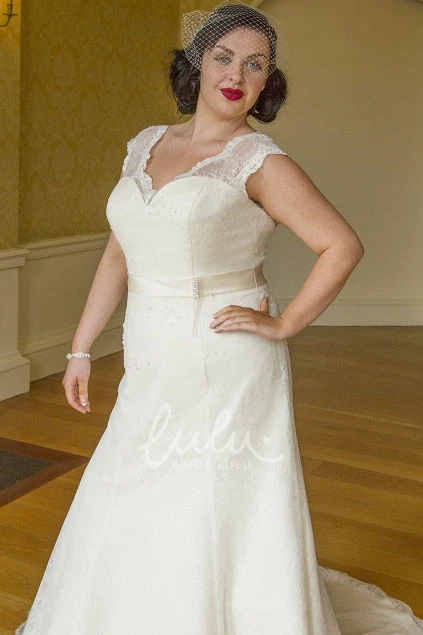 Scalloped V-Neck Lace Bridal Gown with Cap Sleeves and Satin Sash