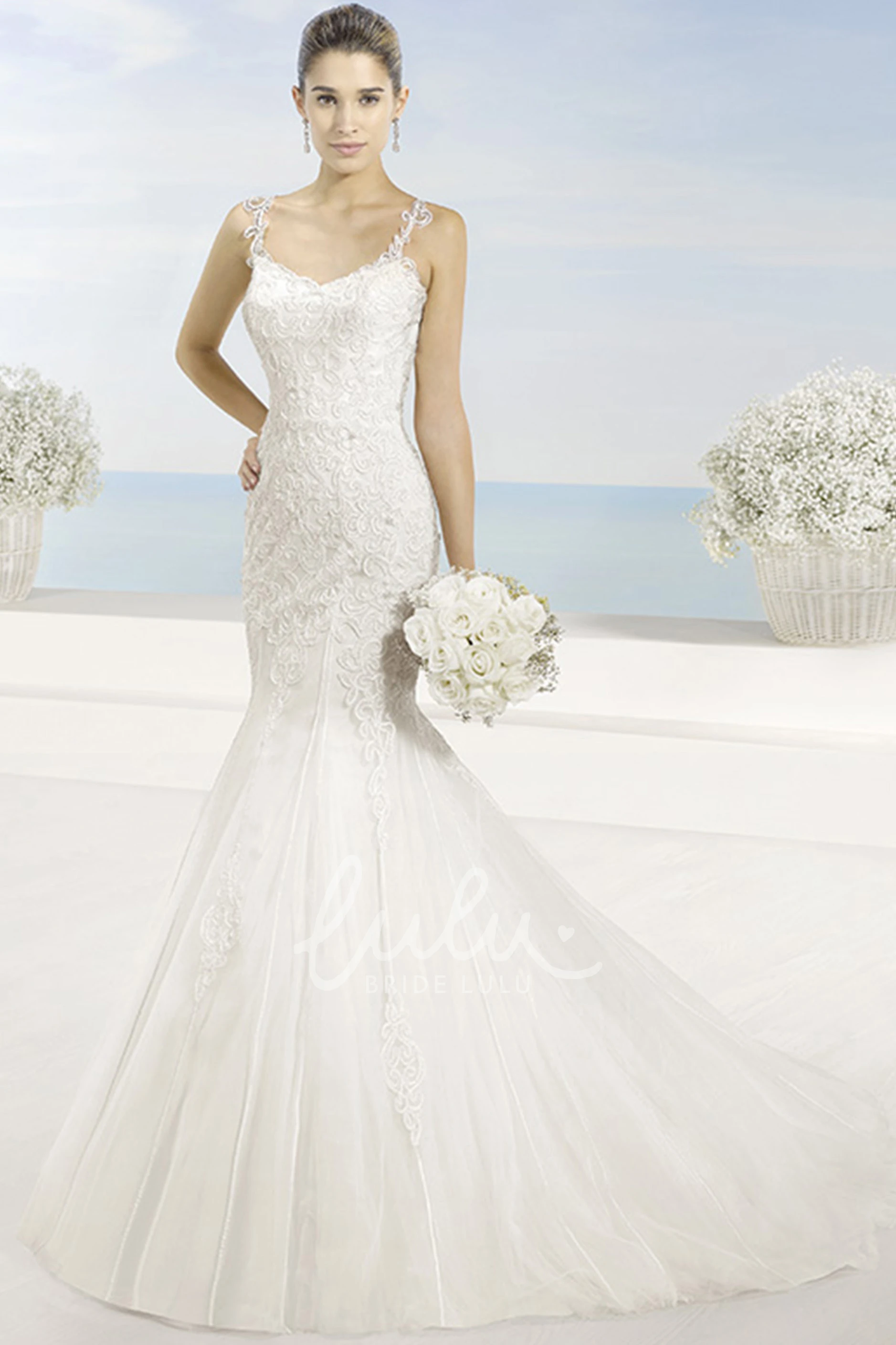 Sleeveless Lace Mermaid Wedding Dress with Chapel Train and Illusion Back