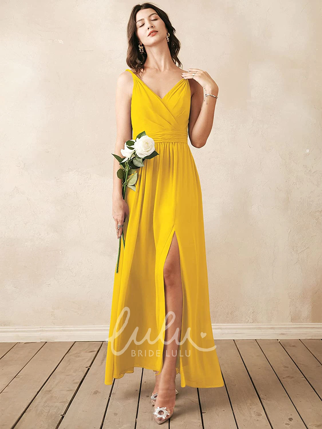 Sleeveless V-neck Chiffon A-line Bridesmaid Dress with Ruching Elegant