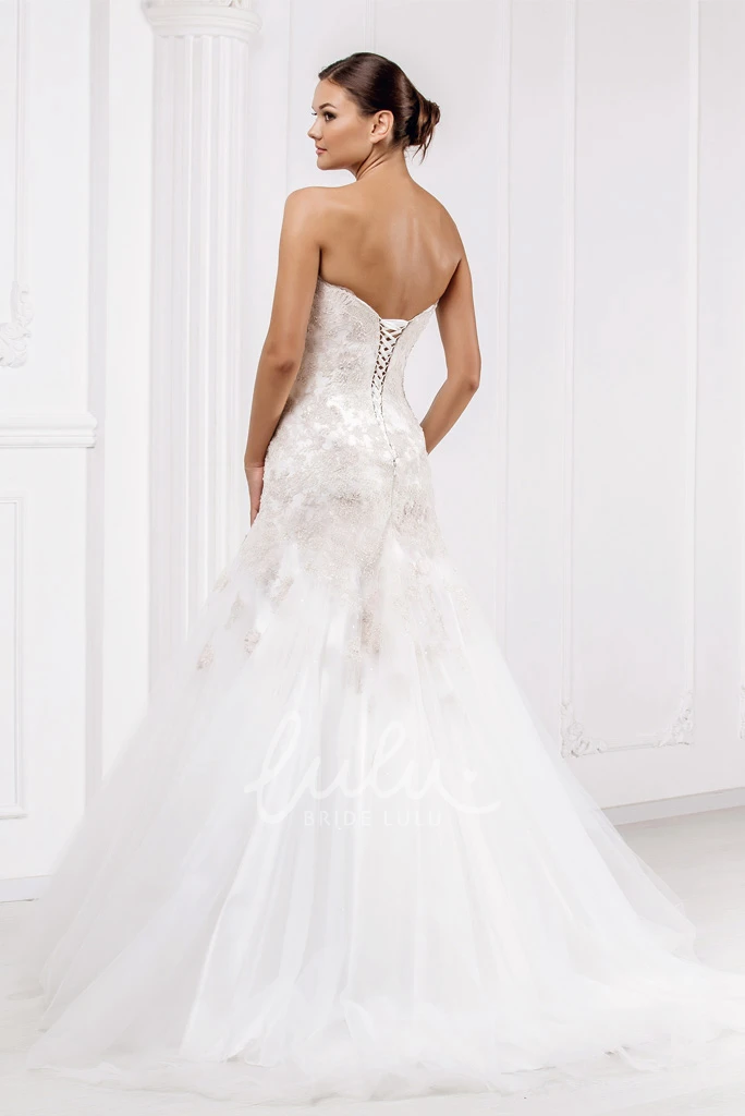 Appliqued Tulle Strapless Wedding Dress with Corset Back and Brush Train Flowy Wedding Dress