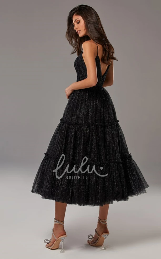 Spaghetti Neck A Line Tulle Tea-length Formal Dress without Sleeves