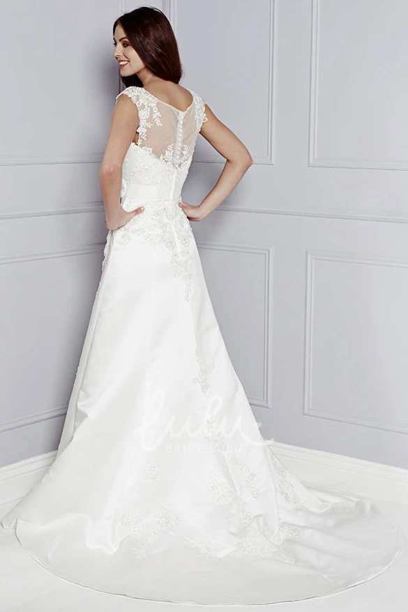 Appliqued Bateau-Neck Taffeta Wedding Dress Cap-Sleeve A-Line Style