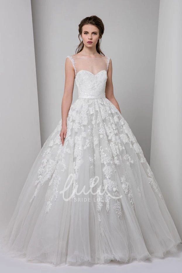 Sleeveless Appliqued Tulle Wedding Dress with Bateau Neckline Illusion Back and Ruffles Unique Bridal Gown