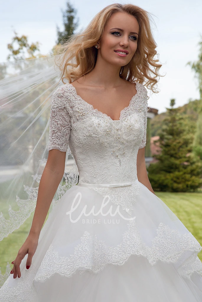 Short Sleeve Lace Wedding Dress Unique Ball Gown
