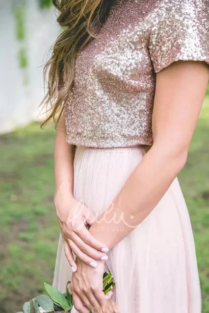 Tulle Sequins A-Line Dress with Jewel Neckline and Sleeveless/Short Sleeve Design